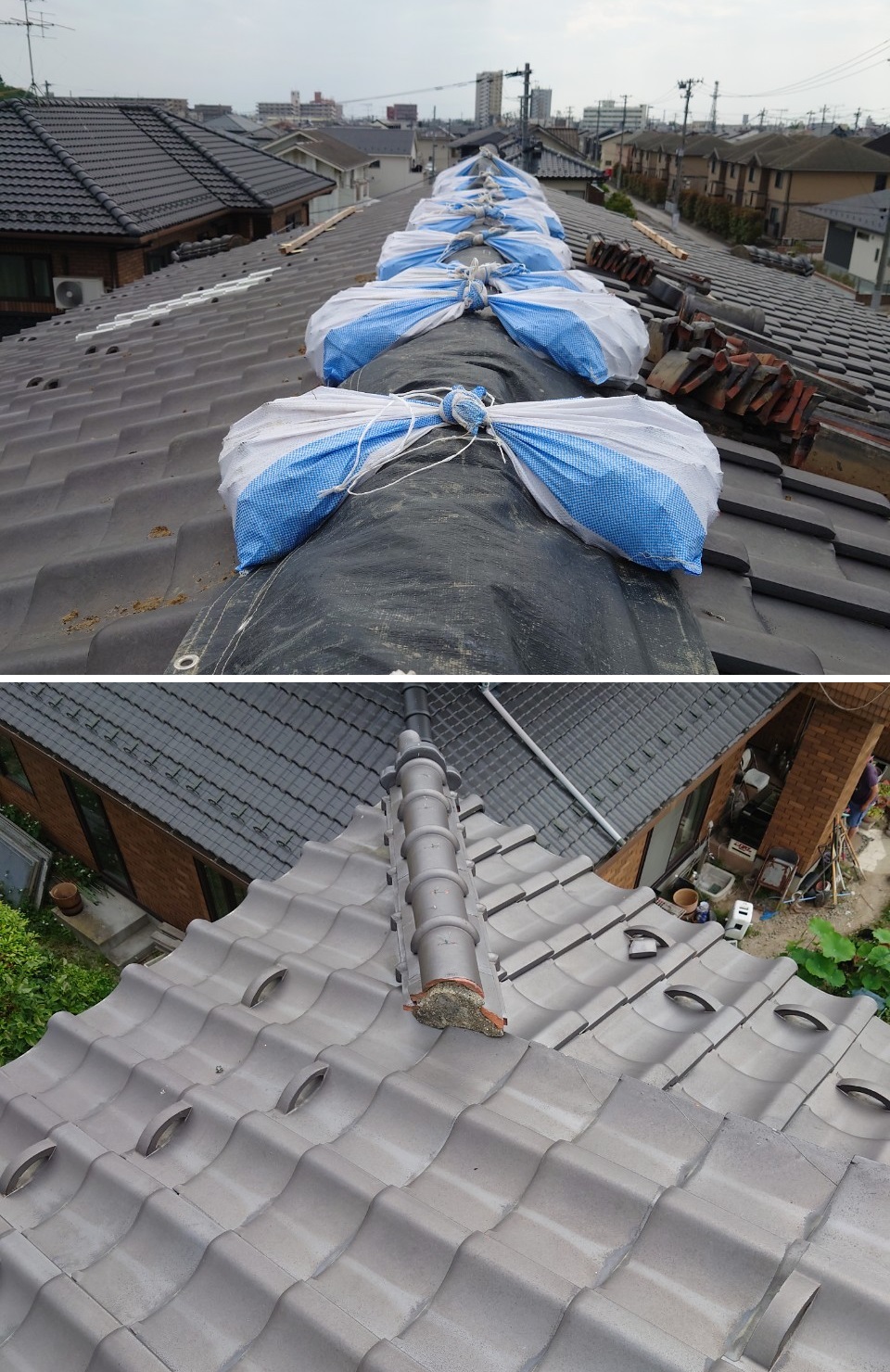 宮城県の地震で崩れた棟部を修理しました